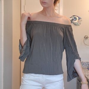 Ramy Brook 100% Silk Off-Shoulder Gray Top